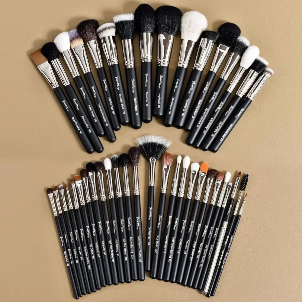 Bueart Design 42Pcs Matte Pearl Black Real Natural Goat Hair Makeup Brushes Set